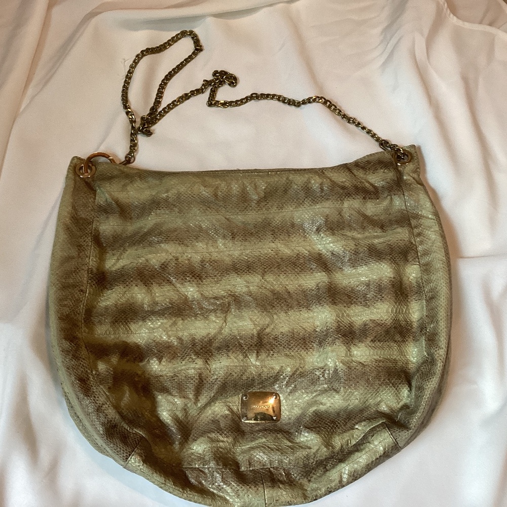 Rehab purse Choo purse green beige brown snake skin stripes gold chain luxury
